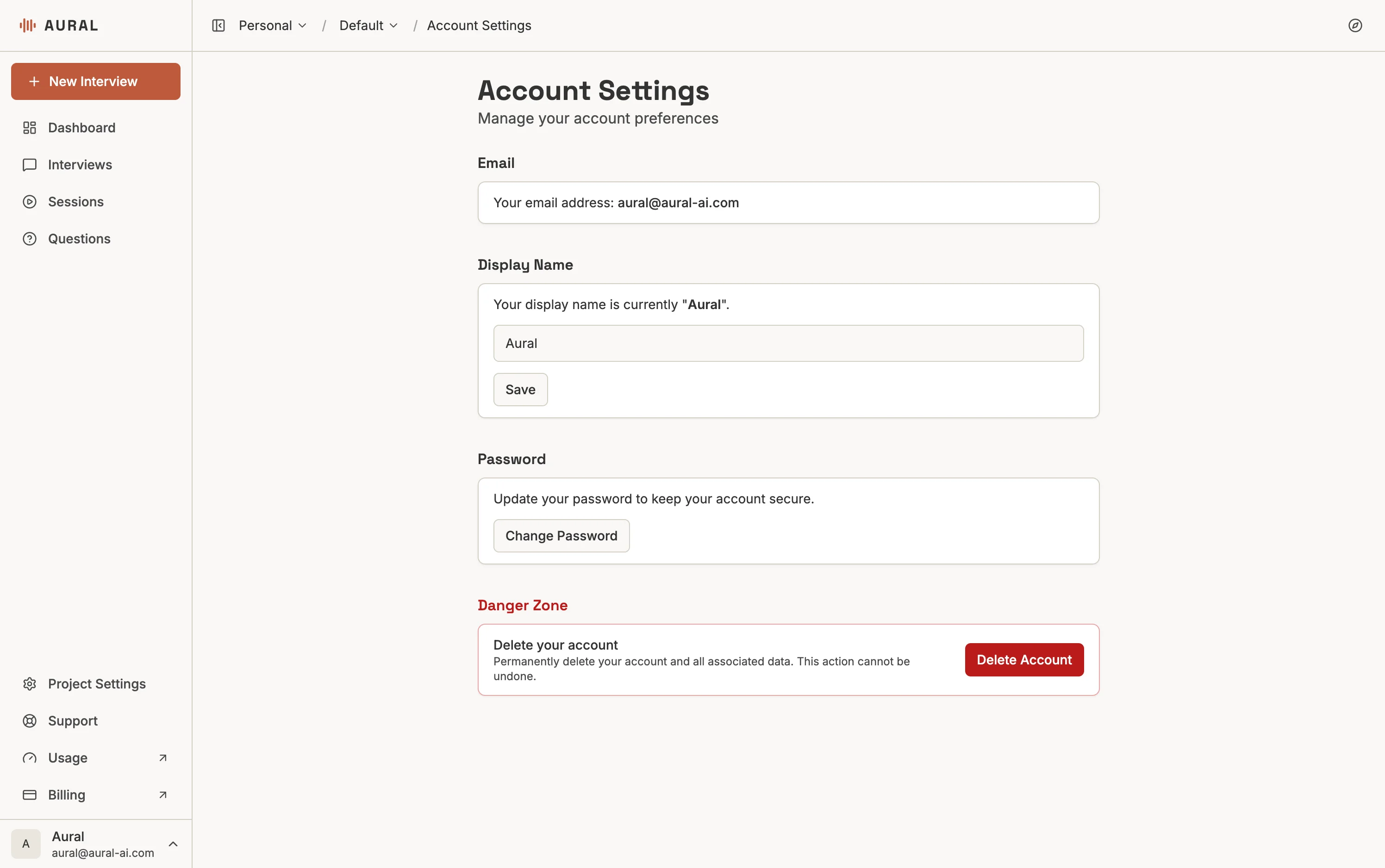 Account Settings page showing email, display name, password, and delete account sections