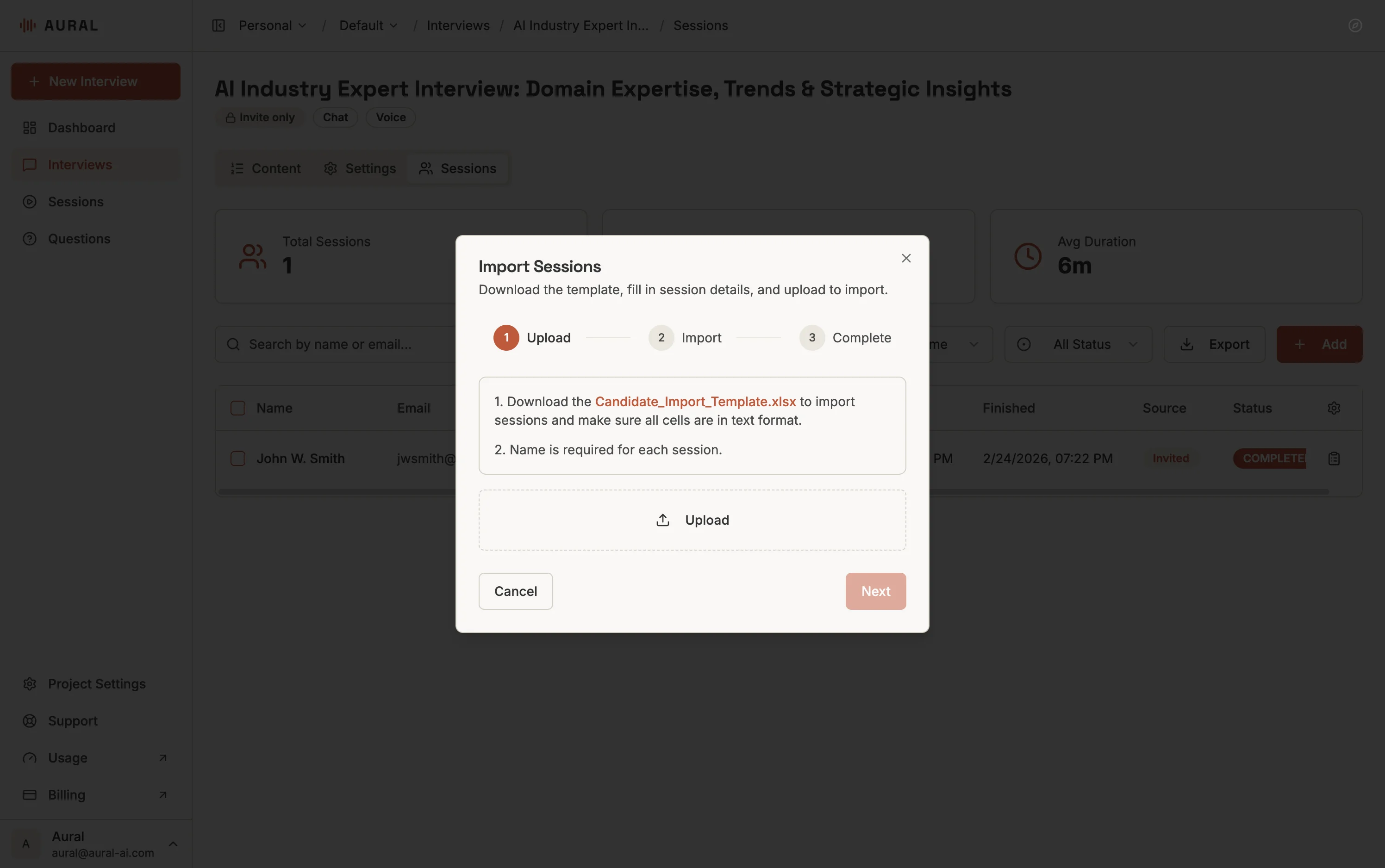 Import Sessions dialog with template download link and file upload area