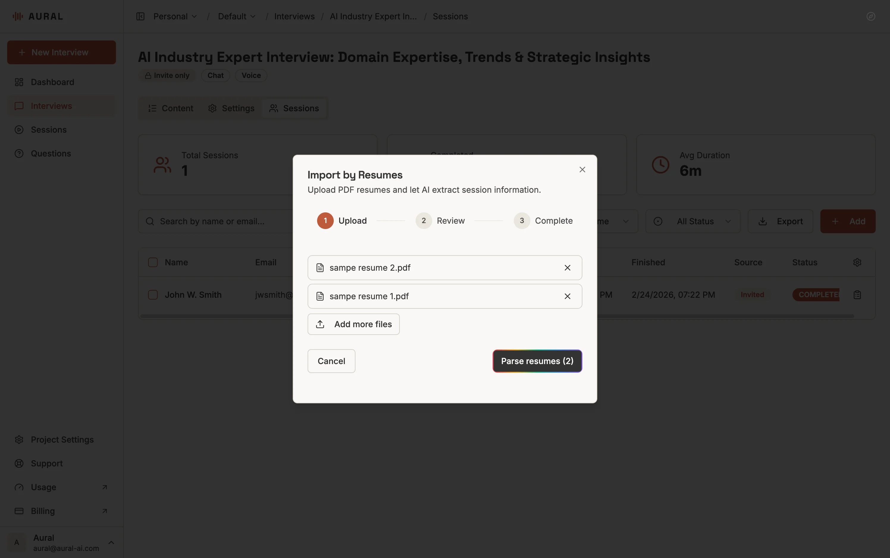 Import by Resumes dialog with uploaded PDF files and Parse resumes button