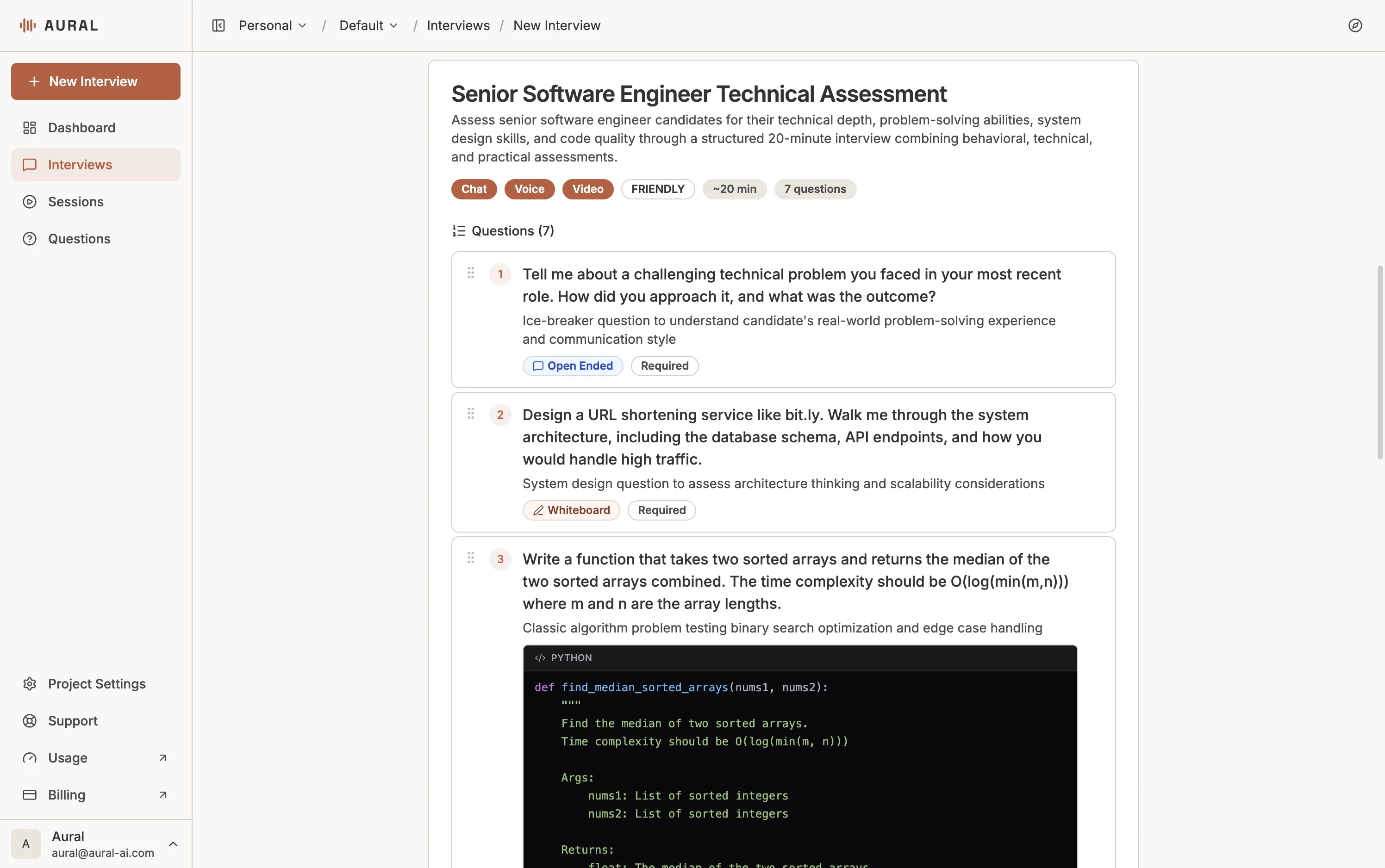 Question editor showing questions with types like Open Ended, Coding, and Multiple Choice