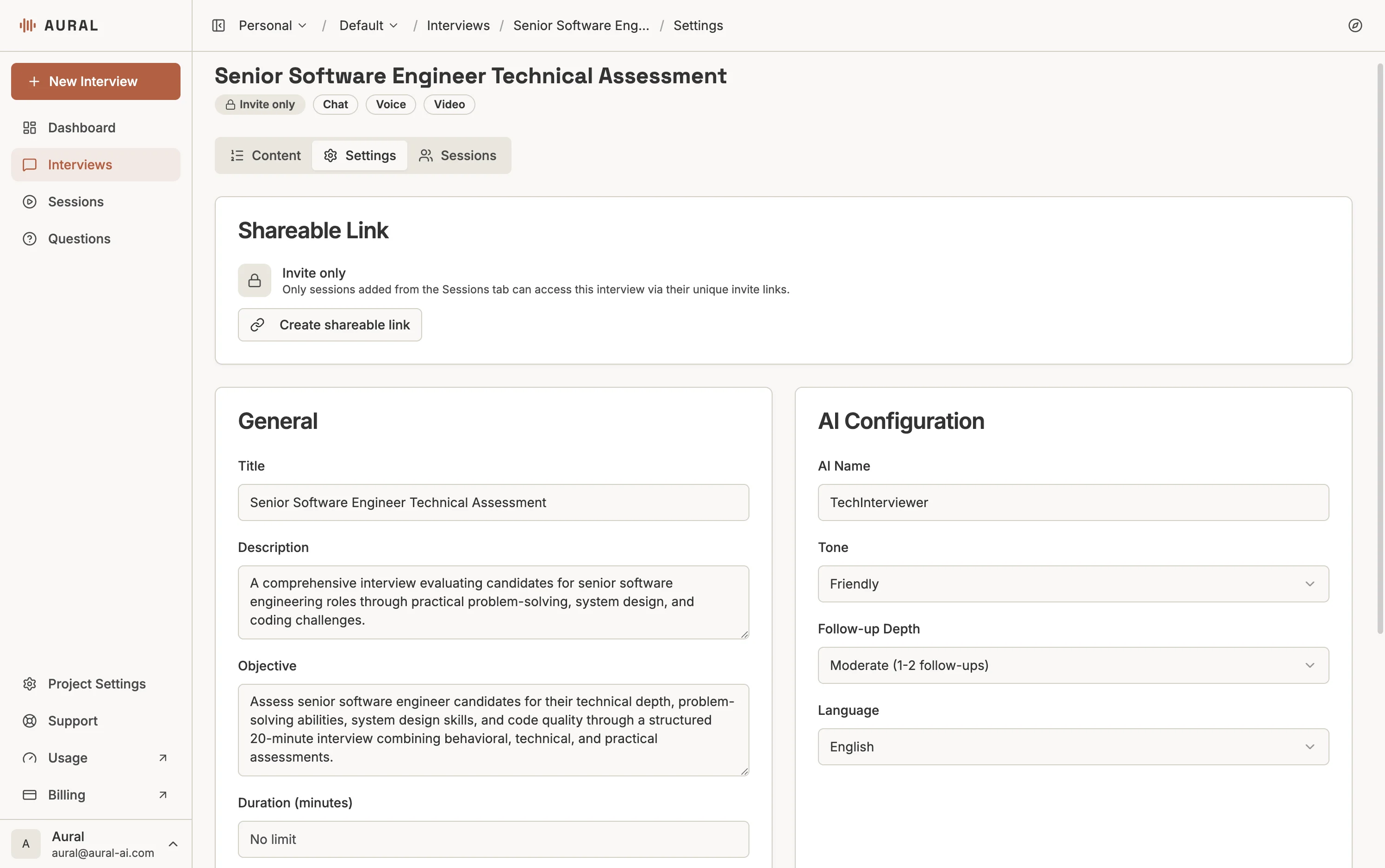 Settings tab showing Shareable Link, General, and AI Configuration sections