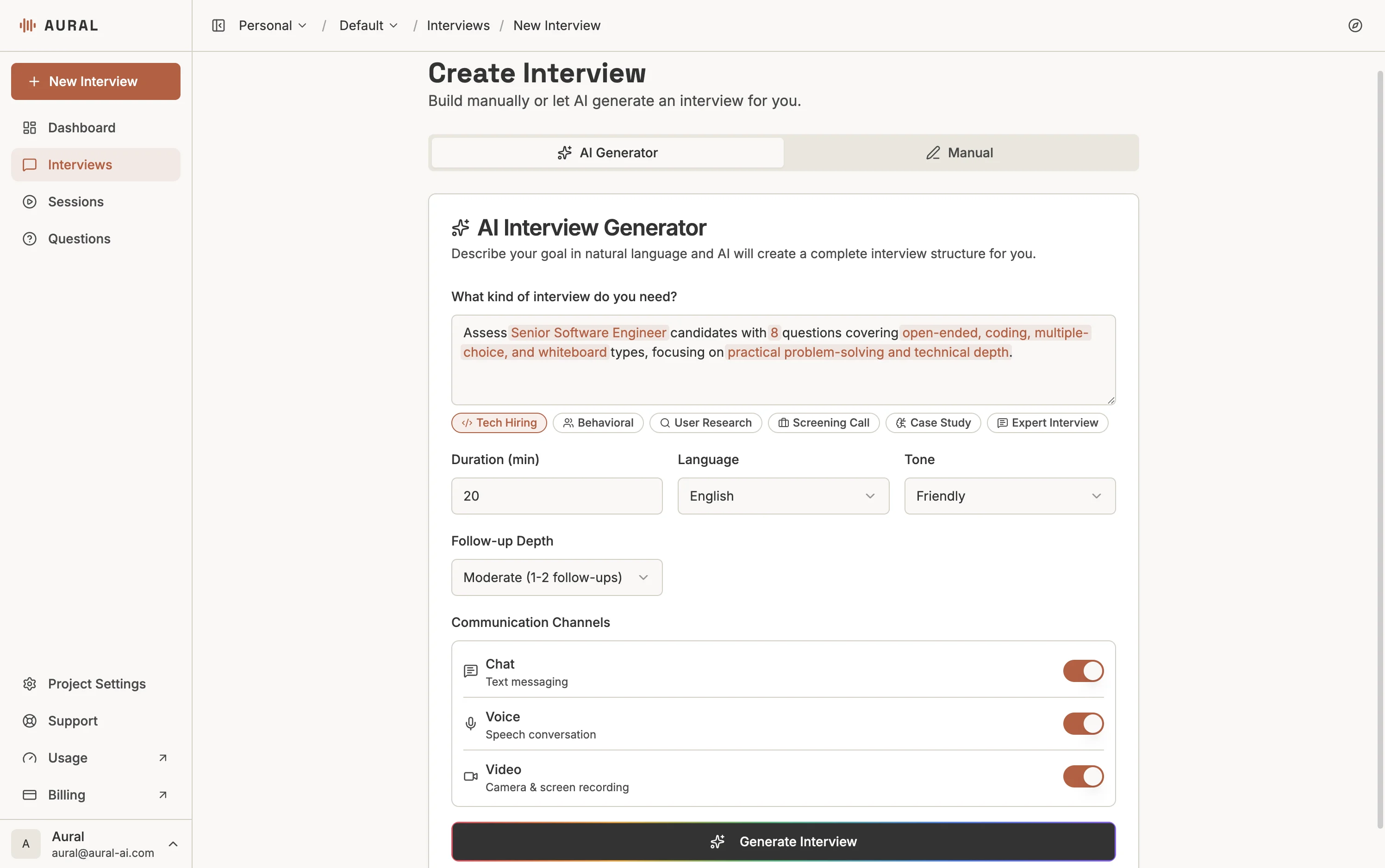 AI Generator tab with goal description, template chips, and configuration