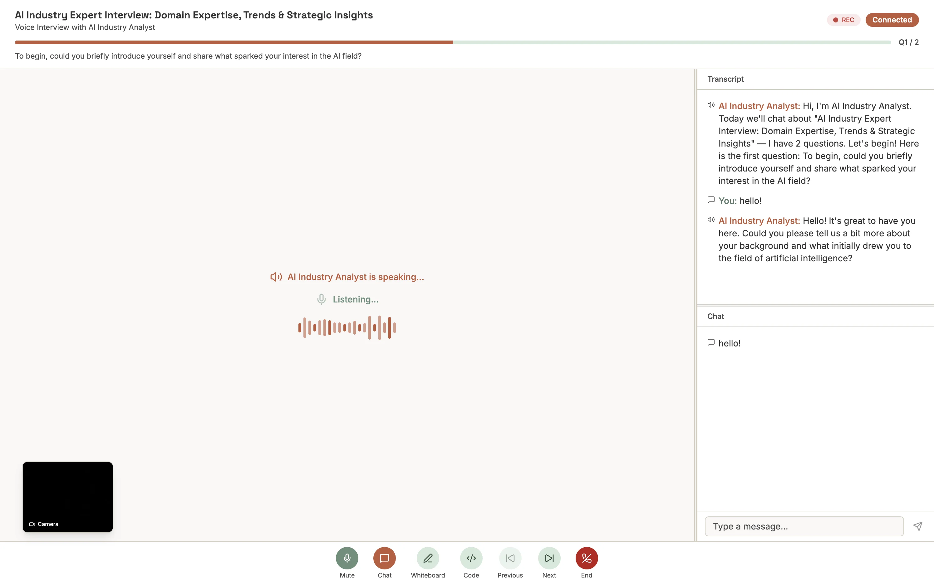Interview session with voice, chat, and video modes active — transcript on the right, camera preview at bottom left