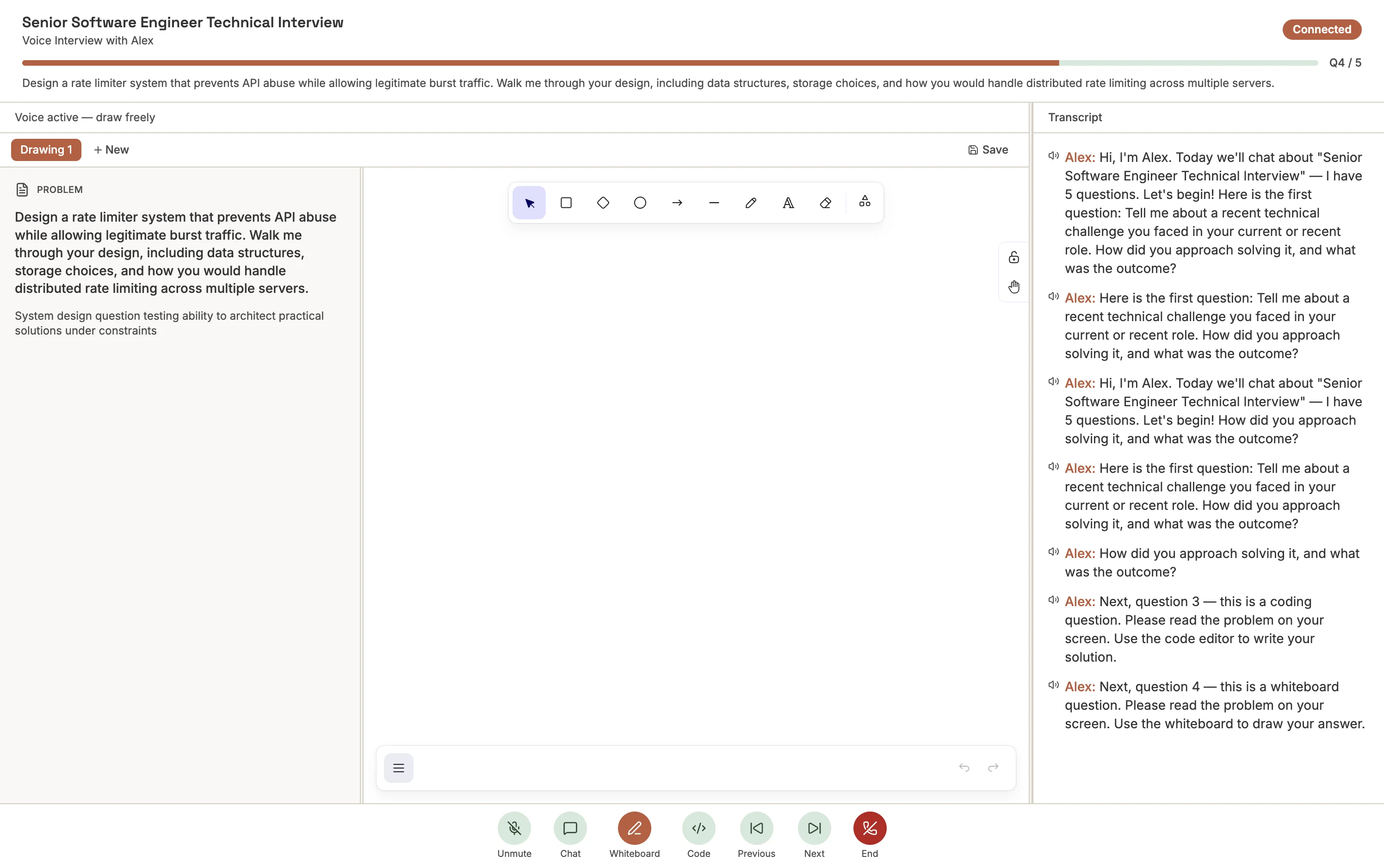 Whiteboard question — Excalidraw canvas with drawing tools and AI chat panel