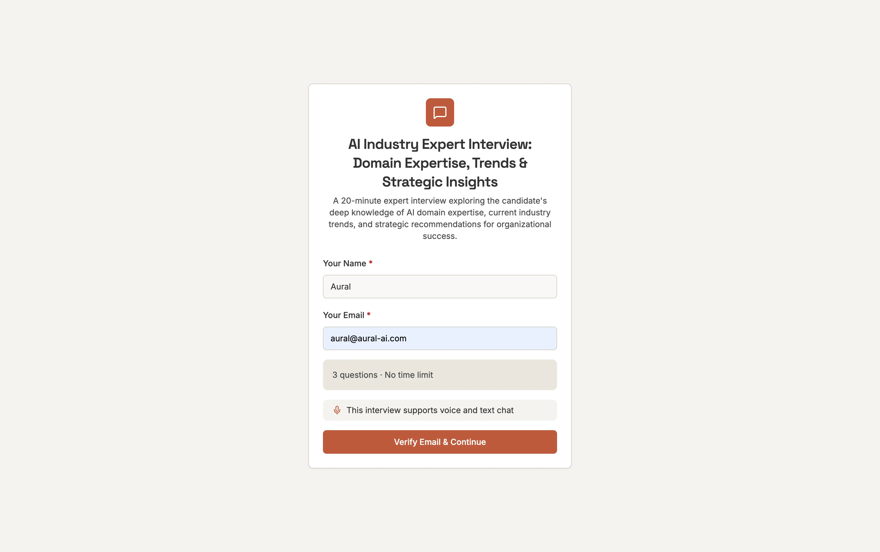 Interviewee welcome screen with name and email fields