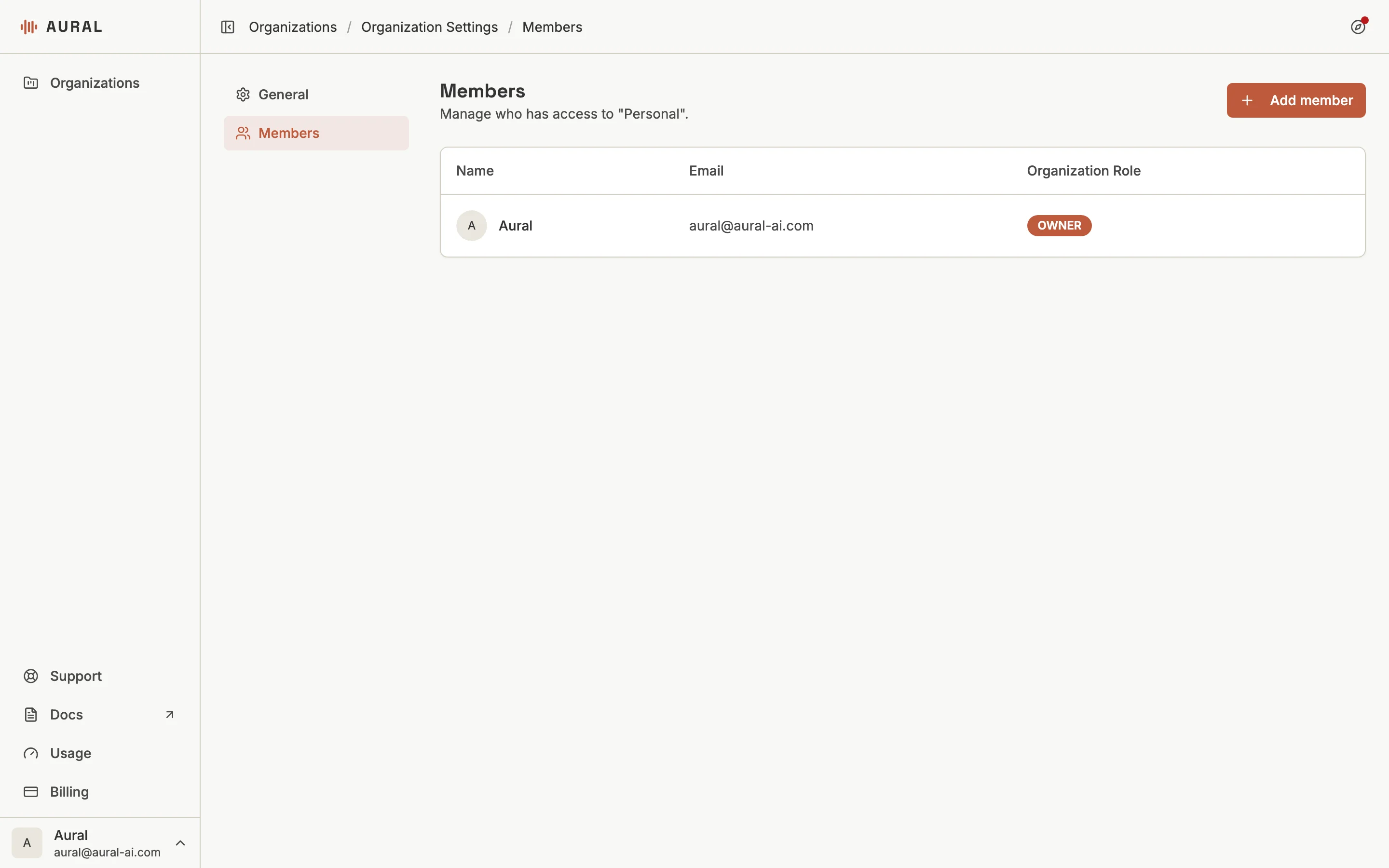 Organization Members page with member table and Add Member button
