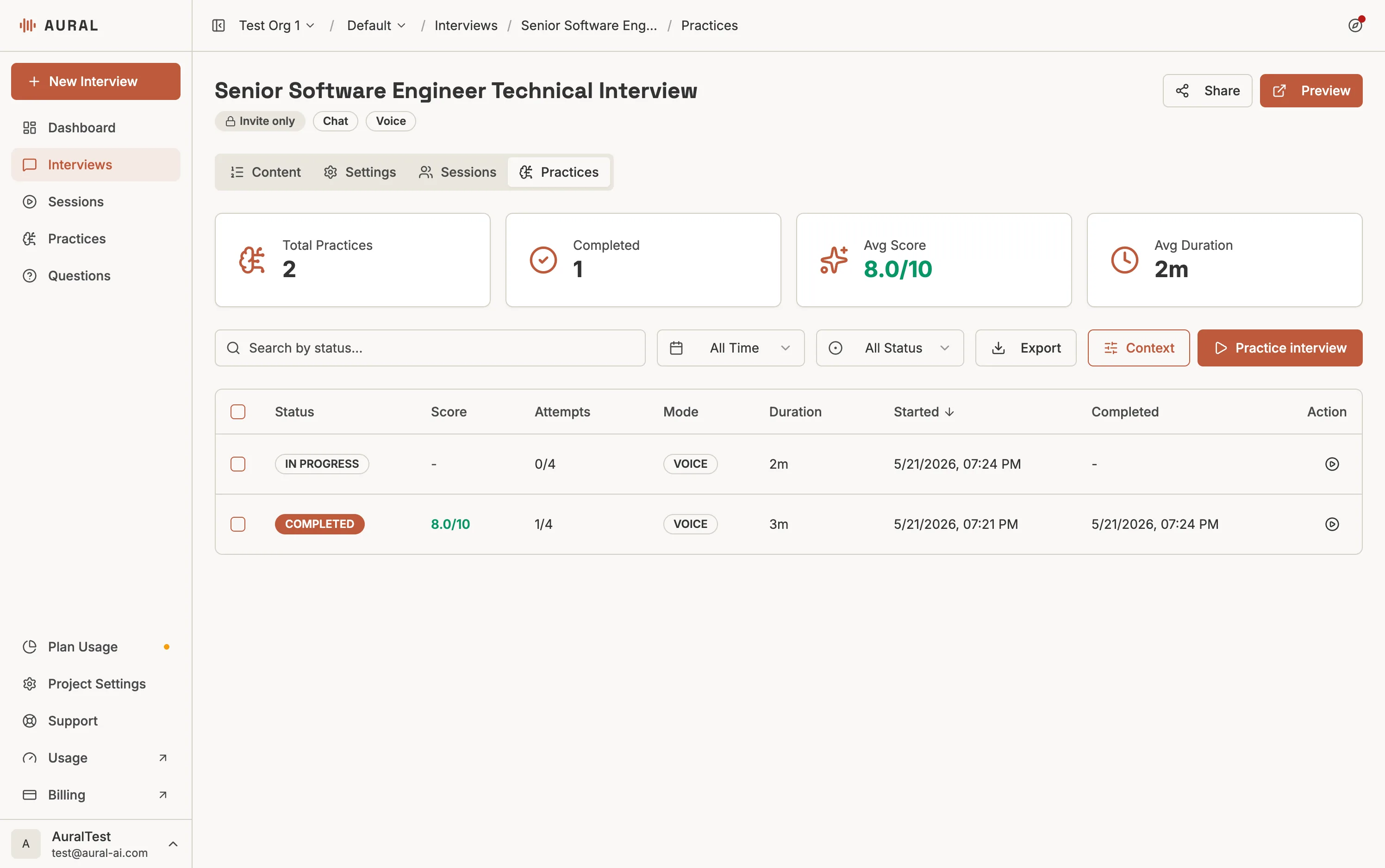 Practices dashboard with metrics, filters, scores, attempts, modes, and export action