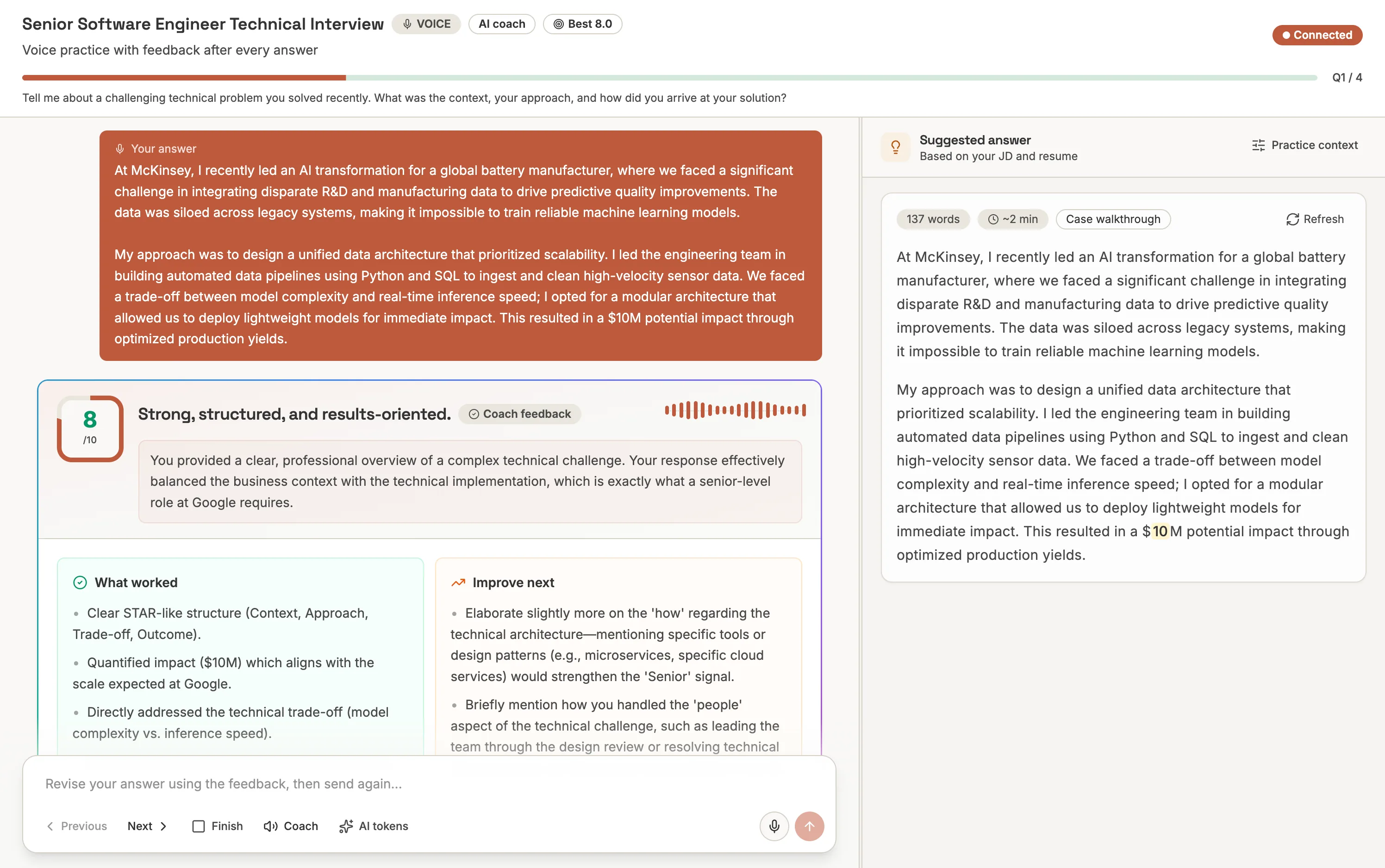 Practice session with AI coaching feedback, score, and suggested answer panel