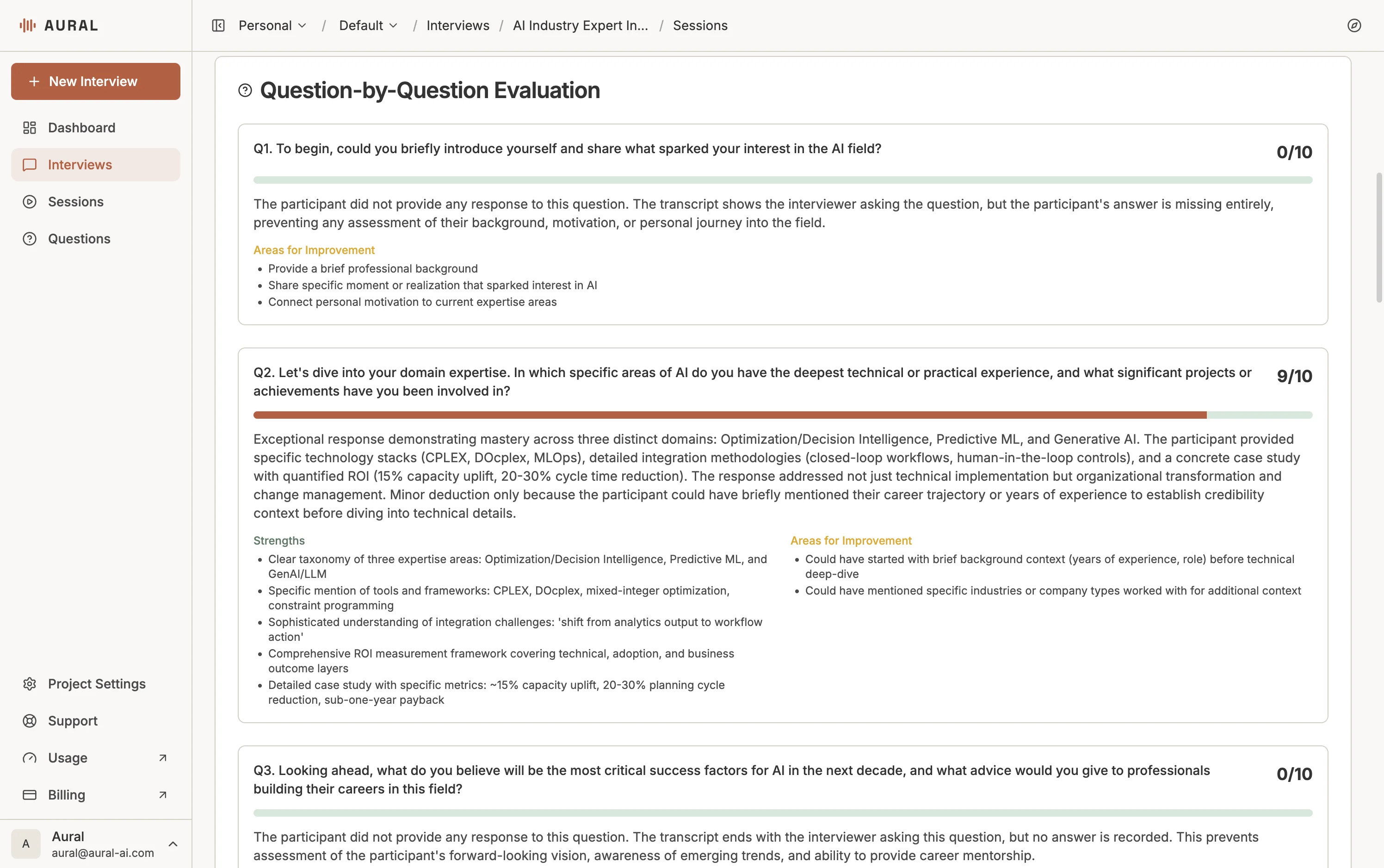 Question-by-question evaluation with scores, strengths, and areas for improvement