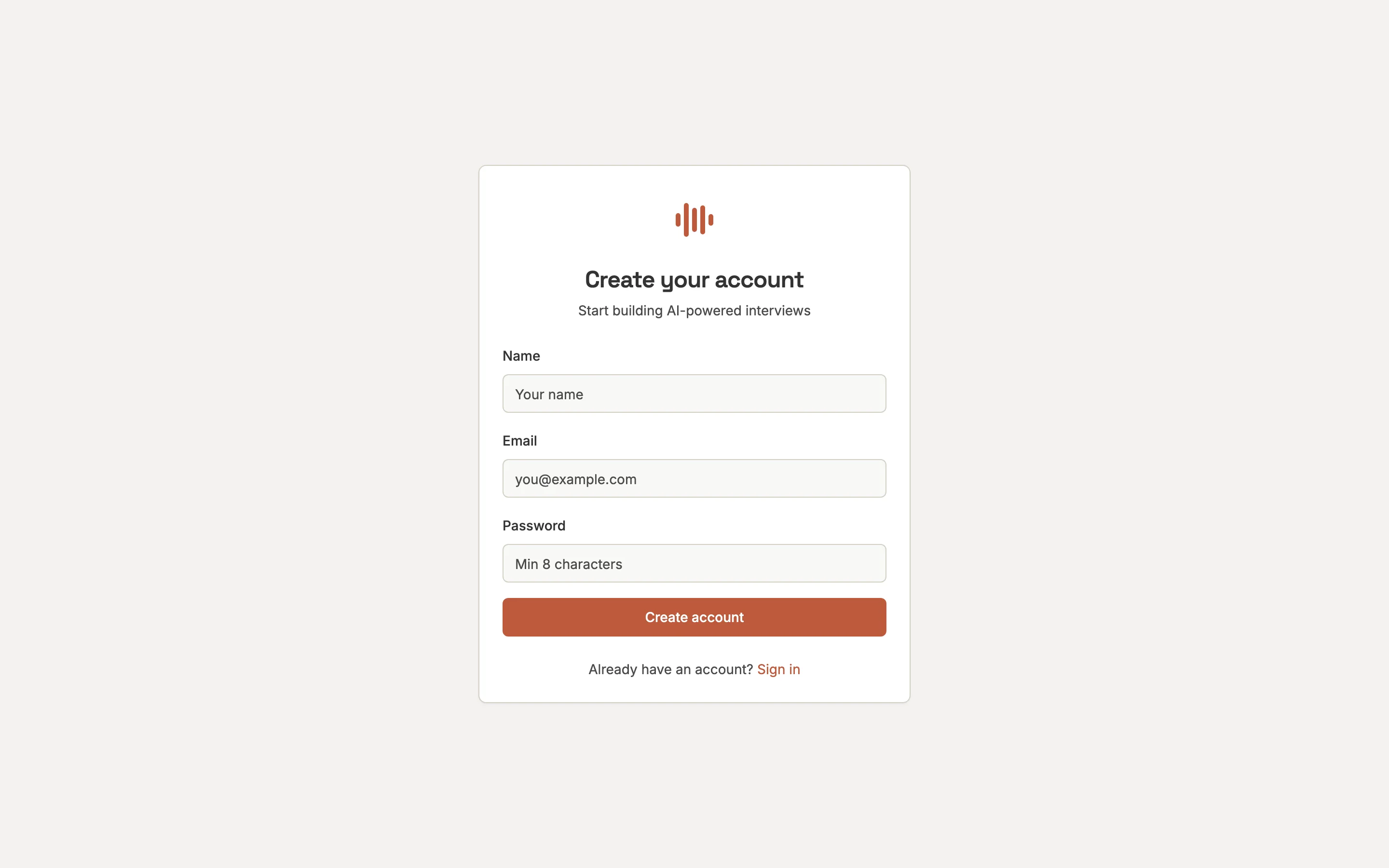 Registration page with name, email, and password fields