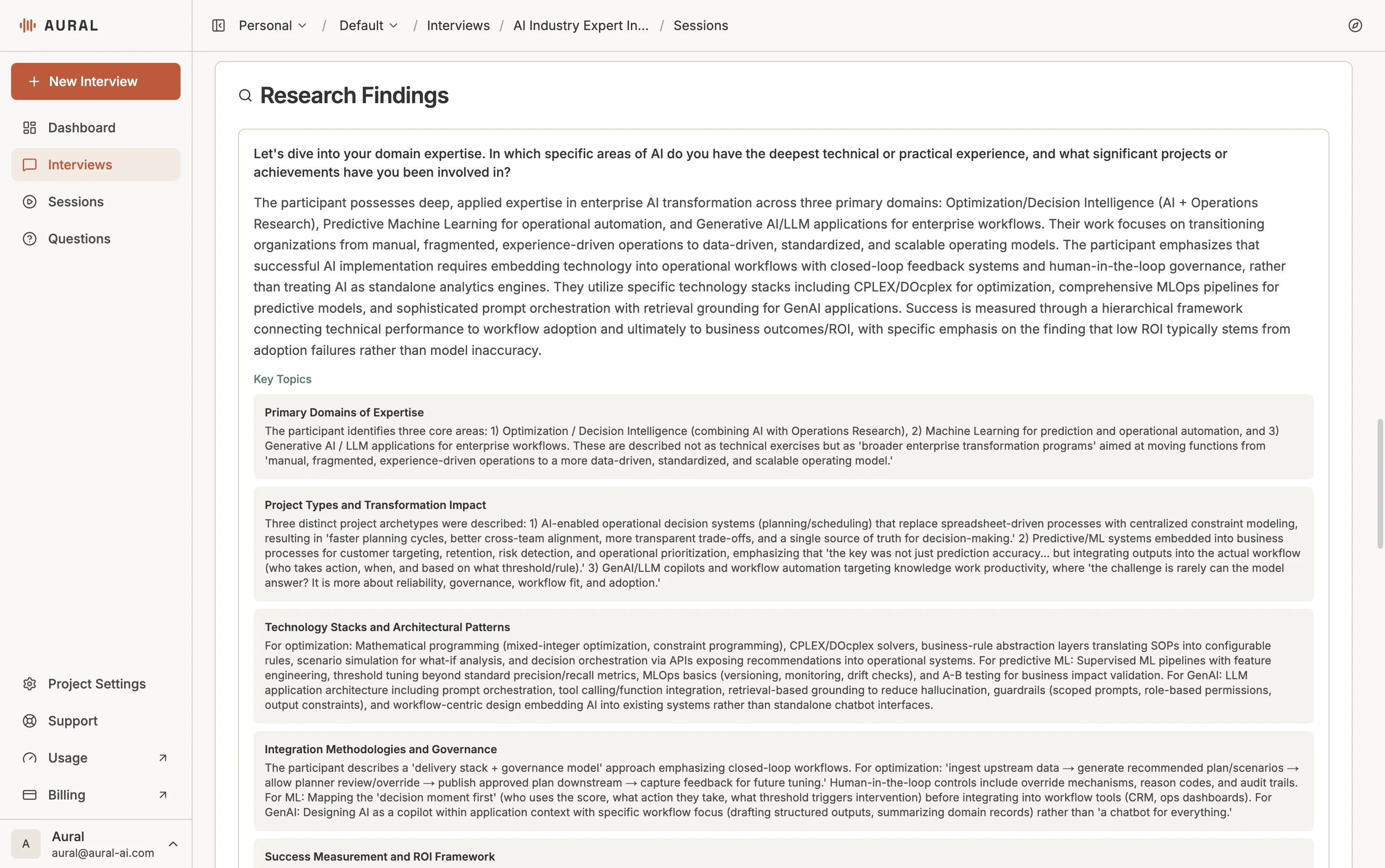 Research Findings section in the session report — extracted topics and data points